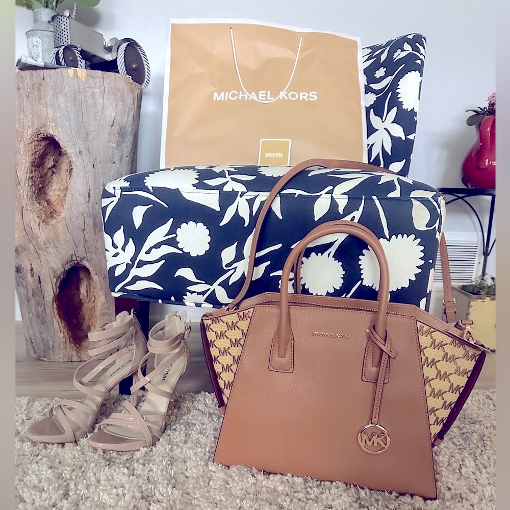 MICHAEL KORS AVRIL Lg. ZIP SATCHEL SHOULDER BAG BROWN LEATHER MK STRAW LOGO NWT